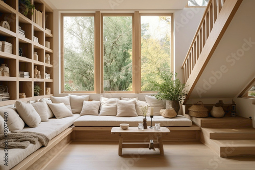 Interior design with a beige staircase leading to a window nook, offering a cozy spot to relax, overlooking a living room with sofas and a wooden table.