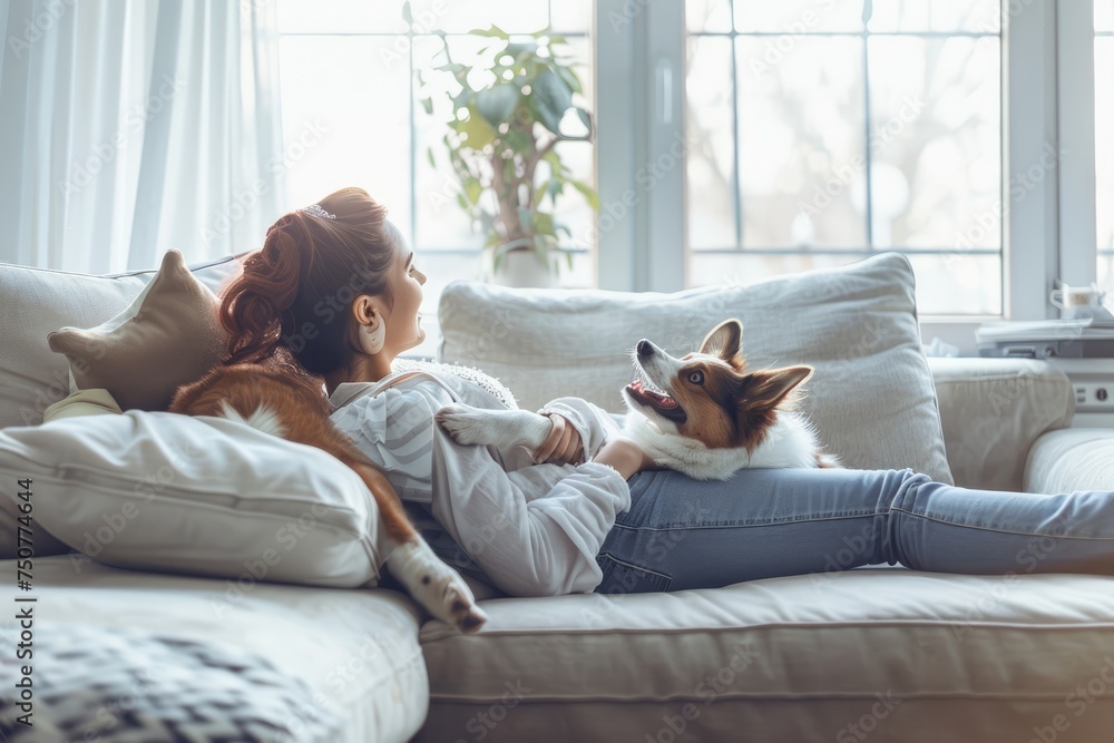 Relaxed woman enjoying a playful interaction with her dog on a cozy sofa - Happy moments in pet-friendly home life - AI generated - obrazy, fototapety, plakaty 