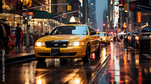 New York City Streets with Iconic Yellow Taxi at Night