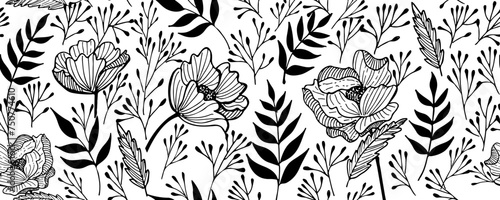 Seamless pattern modern abstract exotic leaves and flowers. Hand drawn vector botanical background.  Black  ink illustration with floral motif.