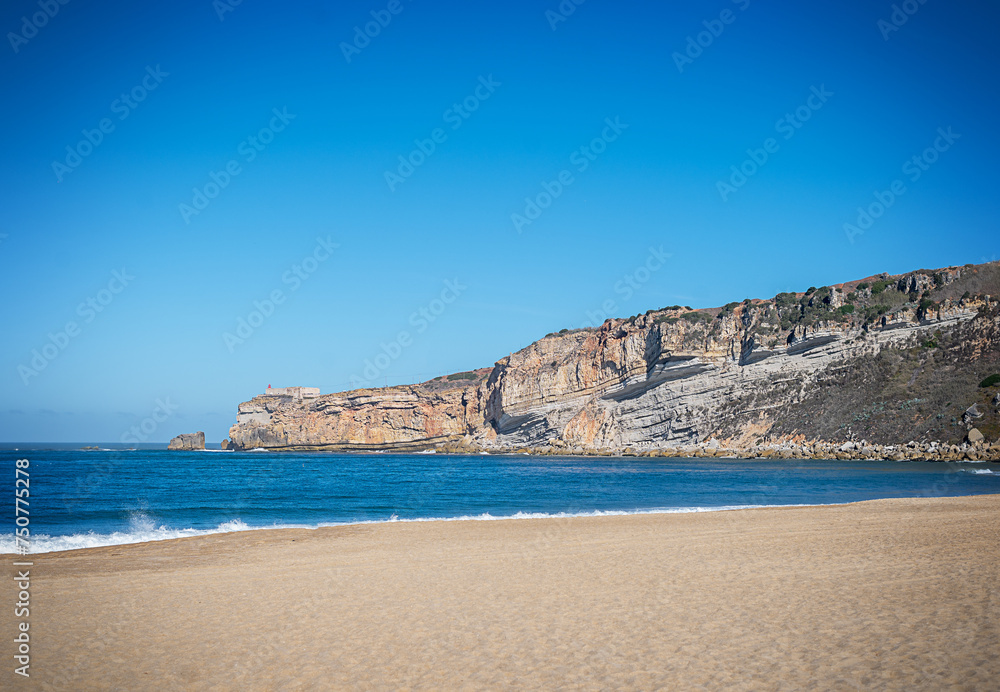 Beautiful panoramic view of the main beach Praia de Nazare in Nazare, Portugal