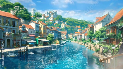 the charm of a quaint coastal village with colorful houses and a peaceful harbor. Fantasy landscape anime or cartoon style, looping 4k video animation background