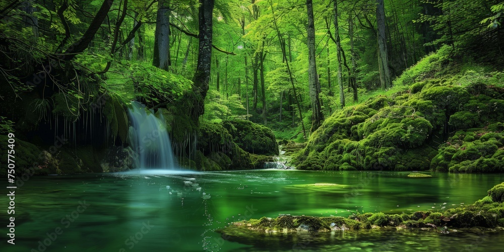 Naklejka premium A stream flows gently through a vibrant green forest, surrounded by tall trees and lush vegetation, creating a harmonious natural landscape.