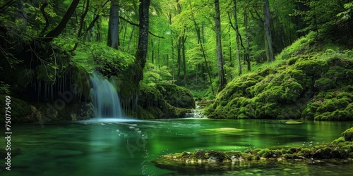 A stream flows gently through a vibrant green forest, surrounded by tall trees and lush vegetation, creating a harmonious natural landscape. © pham