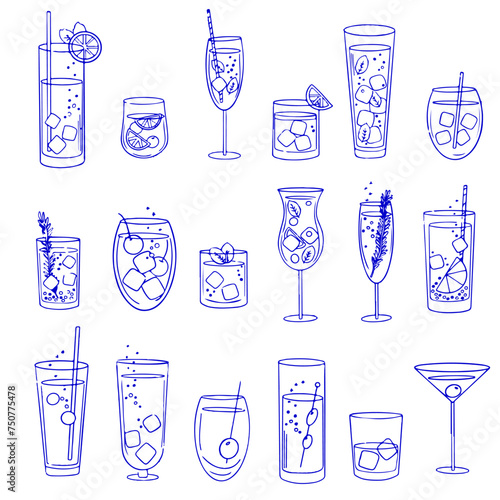 Set of cocktails, illustration of classical drinks in different types of glasses. Vector illustration of summer cocktails, alcohol icons for posters and cards isolated 