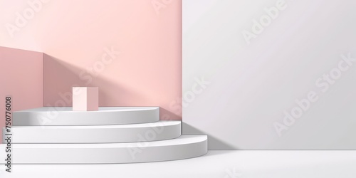 A room decorated in pink and white tones with a prominent white staircase in the center. The staircase leads to an upper level  adding depth to the room.
