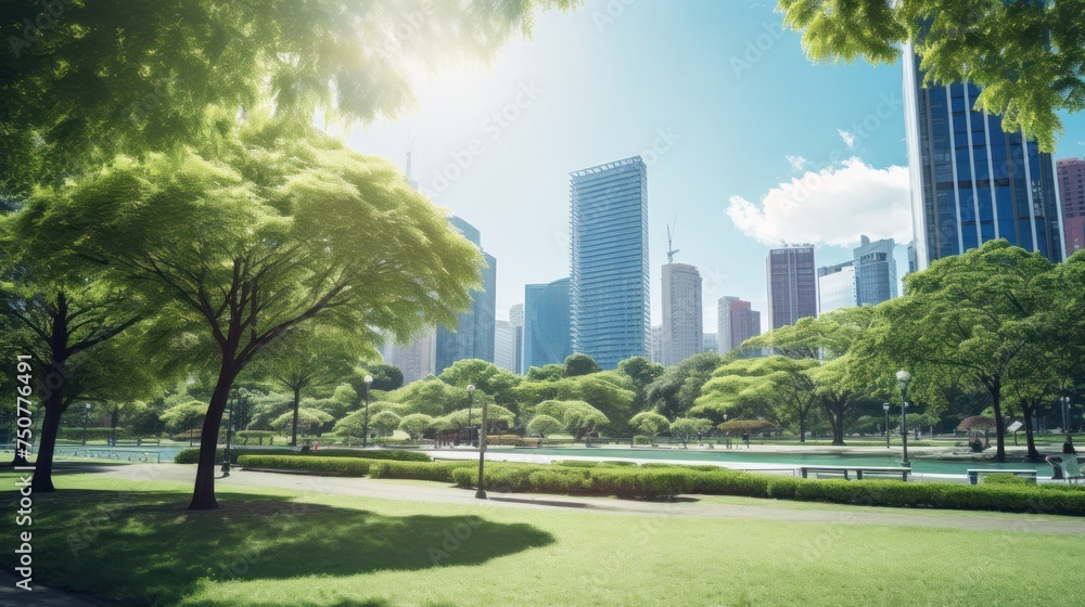 Park landscape with big city,Public park and high-rise buildings, 