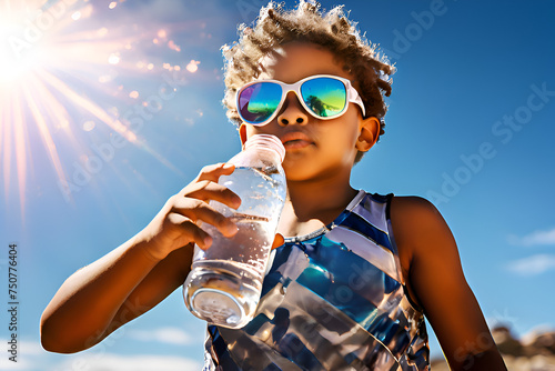 Child athlete wearing sunglasses holding a bottle of water after workout physical on hot summer day for workout recovery sports active healthy hydration lifestyle concept