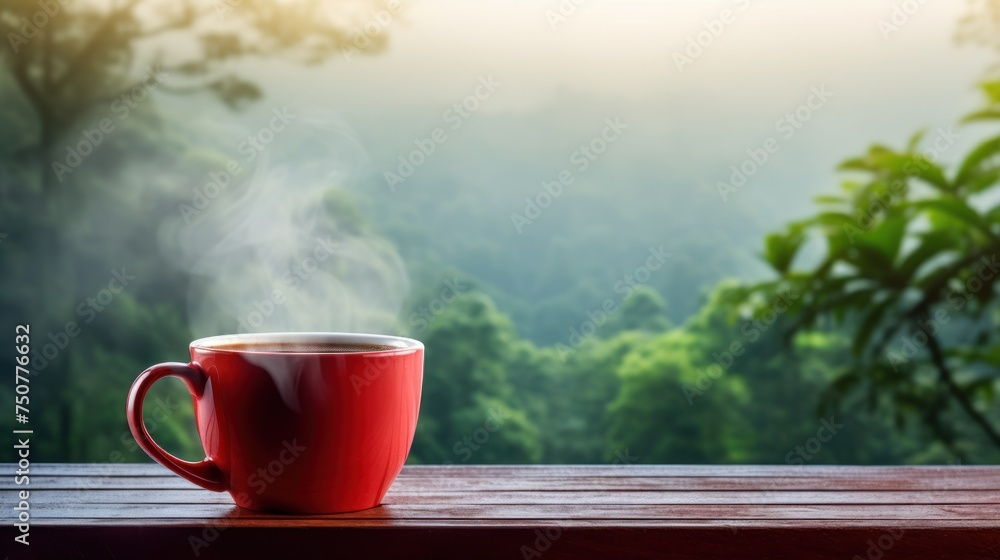 Red coffee cup placed on a wooden table with tropical forest, fog blowing. Red coffee cup placed on a wooden table with tropical forest, fog blowing.
