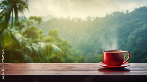 Red coffee cup placed on a wooden table with tropical forest, fog blowing.