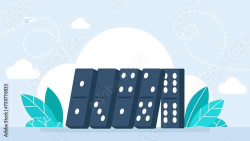 Domino effect. Fallen domino tiles raw. Black bones board game. Crisis, leadership and motivation concept. Flat design. Vector illustration