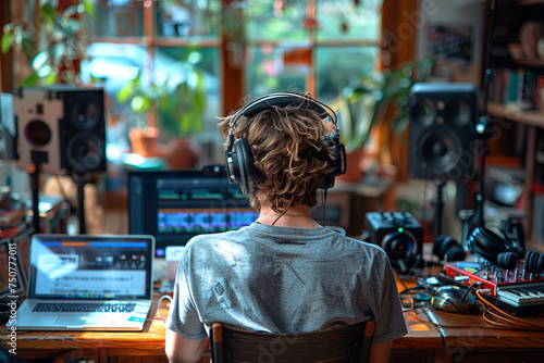                 A rear view of a very popular influencer who broadcasts live broadcasts such as podcasts and YouTube using microphones and laptops in the studio. Internet live streaming concept.