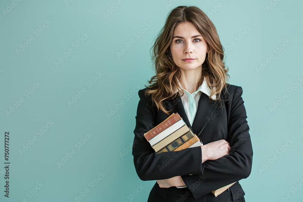 portrait of a business woman, Confident professional woman holding books on teal background. Studio portrait with space for text. Education and career concept. Design for book cover, business portrait of a business woman, Confident professional woman holding books on teal background. Studio portrait with space for text. Education and career concept. Design for book cover, business