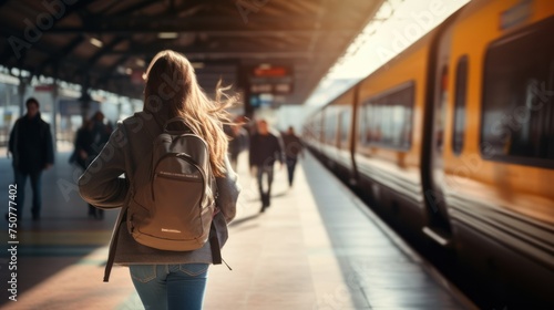 train station,Running train with woman with backpack  © CStock