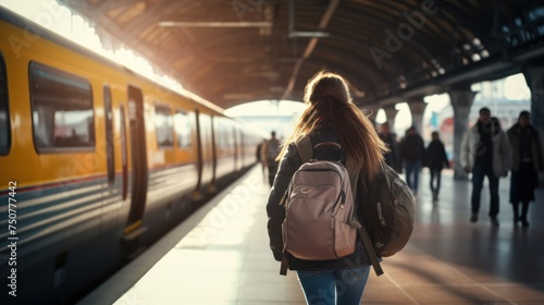 train station,Running train with woman with backpack 