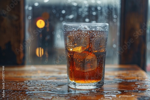 A chilled glass of soda with ice cubes, bubbles, and condensation on a rustic wooden surface
