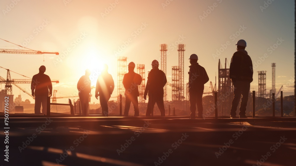 construction industry concept,Silhouette of engineer and construction team,sunset