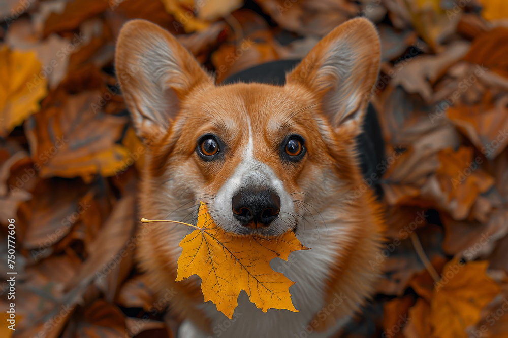 Corgi Dog Holding Autumn Leaf in Mouth Amongst Fallen Leaves Corgi Dog Holding Autumn Leaf in Mouth Amongst Fallen Leaves