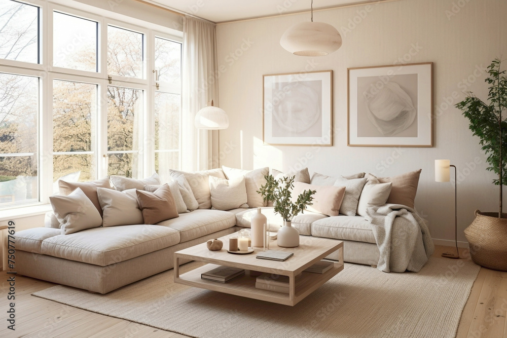 Naklejka premium A stylish beige living room infused with Scandinavian charm, boasting clean lines, understated elegance, and a cozy atmosphere.