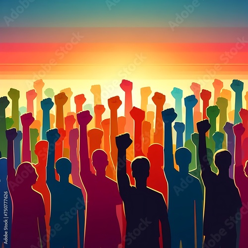 Illustration of raised hands of Multi ethnic people demanding equality photo