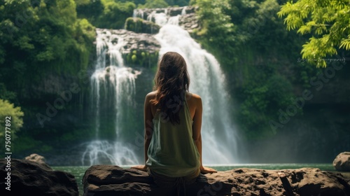 woman sits on a rock looking at a beautiful waterfall,
