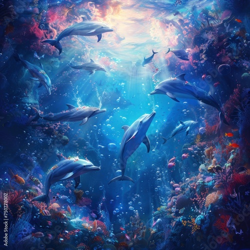 Dive into the depths of imagination with this surreal portrayal of a dolphin university beneath the waves. Against a backdrop of mesmerizing blues and vibrant hues © Thares2020