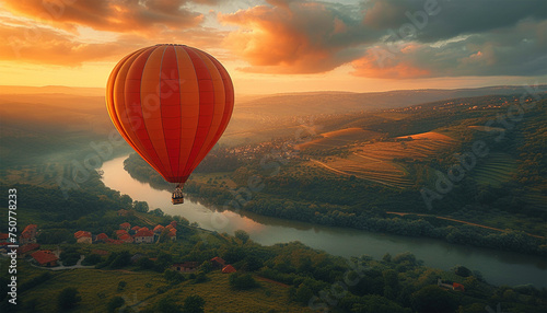 Colorful hot air balloon epic flying above beautiful landscape and ocean at sunrise with beautiful sky background High altitude aerial drone wide view