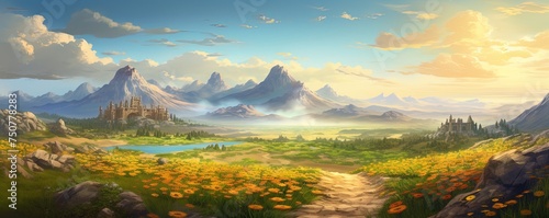 Pathway forward into a beautiful serene landscape. Horizon views over the rivers  mountains  deserts  and fields