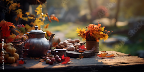 Cozy Autumn house background. Falling leaves backdrop. Park  nature  outdoor. Decoration Halloween.