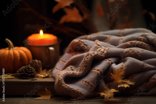 Cozy Autumn house background. Falling leaves backdrop. Park, nature, outdoor. Decoration Halloween.