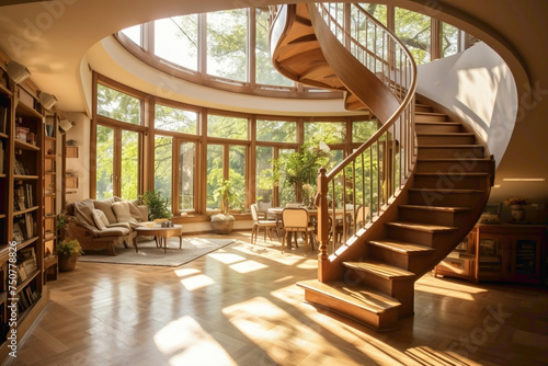 Curved staircase with wooden banister, leading to a sunlit mezzanine.