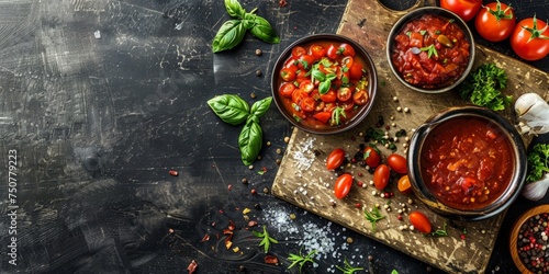 A wooden cutting board with several bowls filled with colorful salsa, showcasing a variety of ingredients and flavors.