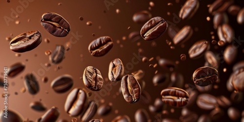 Numerous coffee beans are seen falling gracefully through the air  creating a visually striking and dynamic scene.
