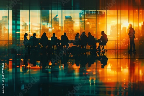 a group of people in business meeting in front of a large company Generative AI