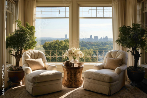 A window room transformed into a bright and airy sanctuary, with beige armchairs, plush rugs, and floor-to-ceiling drapes. The perfect spot for enjoying panoramic views and relaxation. © Hashmatt