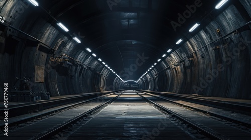 Dark subway tunnel background. Fast underground train passing.