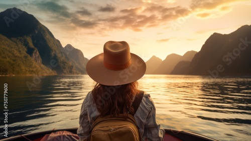 woman and nature,woman with backpack traveling by boat 
