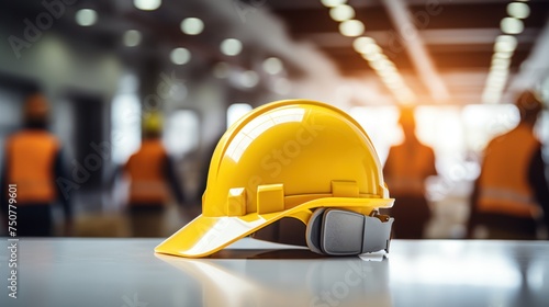 yellow safety helmet on workplace desk 