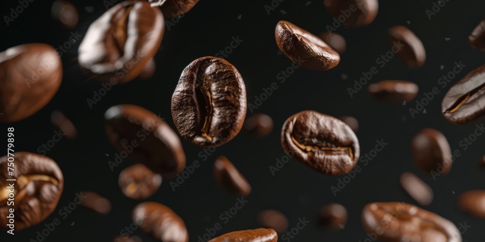 Obraz premium A group of coffee beans is depicted mid-air, falling down in a scattered manner.