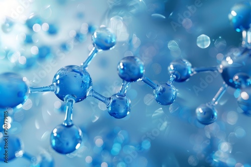 Blue molecular structures floating in a liquid serum background Depicting scientific research and medical breakthroughs