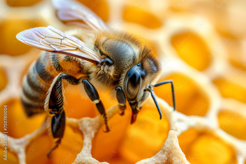 Close-Up, Bee Amidst Honeycomb Cells Close-Up, Bee Amidst Honeycomb Cells