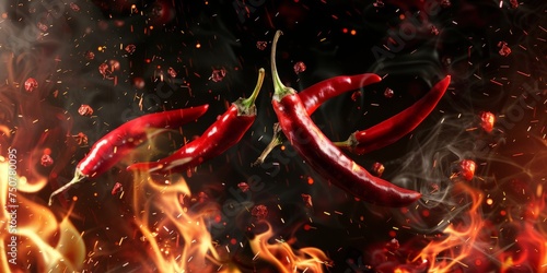 Two chili peppers placed on a blazing fire, emitting heat and intense flames in a cooking or grilling scenario.