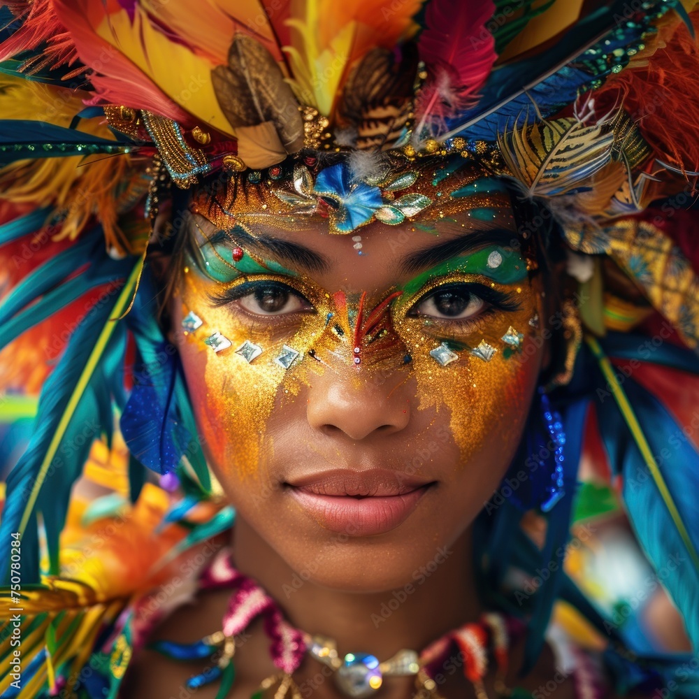 Vibrant Feathers. Portrait of Carnival Dancer in Exquisite Beauty. Behold the Sensual Charm and Elegance as the Model Adorns Vibrant Feathers