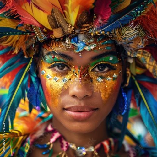 Vibrant Feathers. Portrait of Carnival Dancer in Exquisite Beauty. Behold the Sensual Charm and Elegance as the Model Adorns Vibrant Feathers