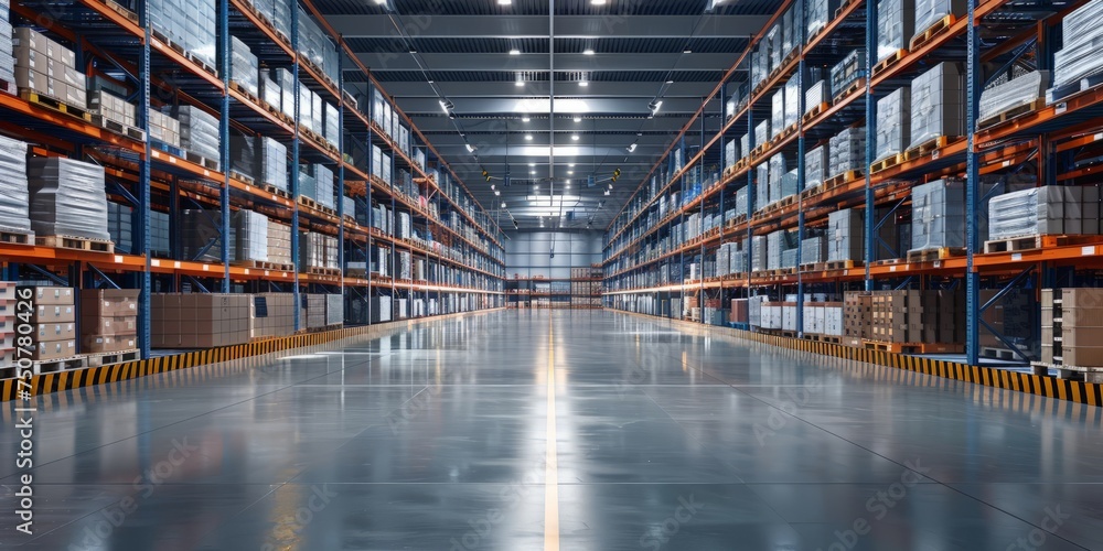 A spacious warehouse is densely packed with shelves, storing a vast array of products and goods, creating a bustling and organized storage space. A spacious warehouse is densely packed with shelves, storing a vast array of products and goods, creating a bustling and organized storage space.