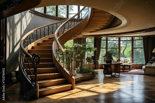 Curved staircase with wooden banister  leading to a sunlit mezzanine.