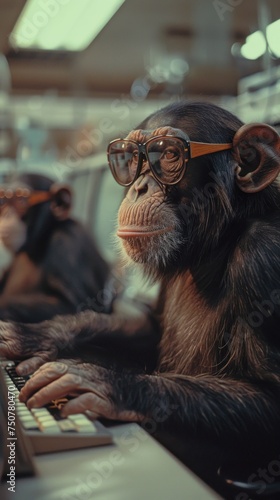 Computer Lab. Monkeys Typing Away in a Digital Era. Step back in time to the charm of vintage technology as monkeys take charge of a bustling computer lab