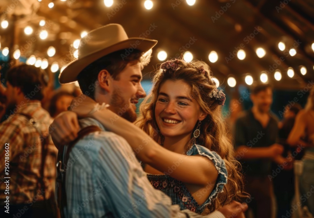 Nostalgic Tunes and Classic Moves. Rustic Barn Dance Amidst Summer Nights. Picture a Young Couple, Embraced in Love and Laughter