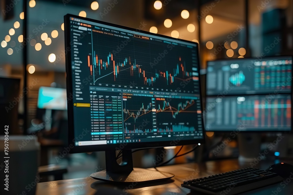 Financial analytics interface showcasing real-time stock market trends and projections on a sophisticated dashboard Financial analytics interface showcasing real-time stock market trends and projections on a sophisticated dashboard