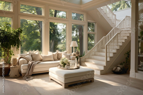 Tranquil living room with beige staircase  a window framing scenic views  and a comfortable seating arrangement.